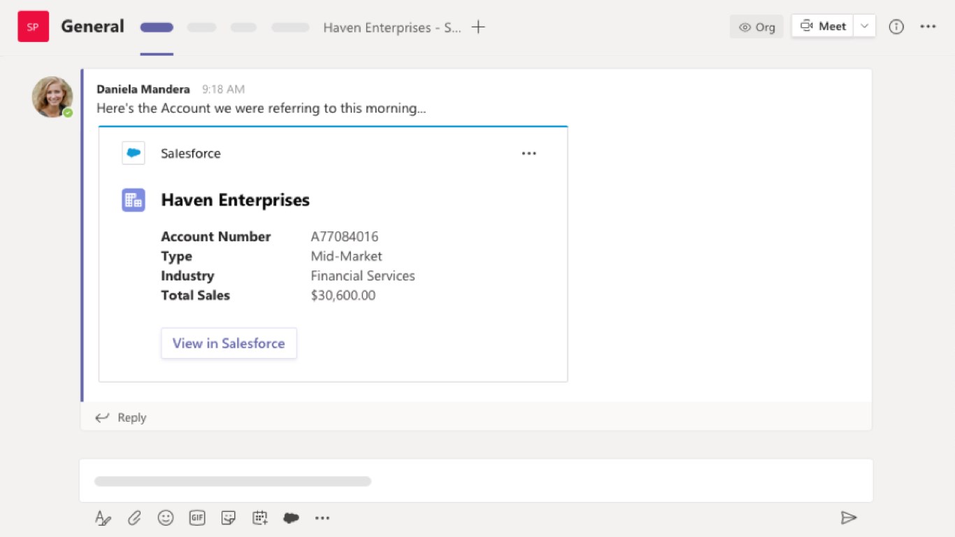 Salesforce 在 Teams 中发送 CRM 记录卡片