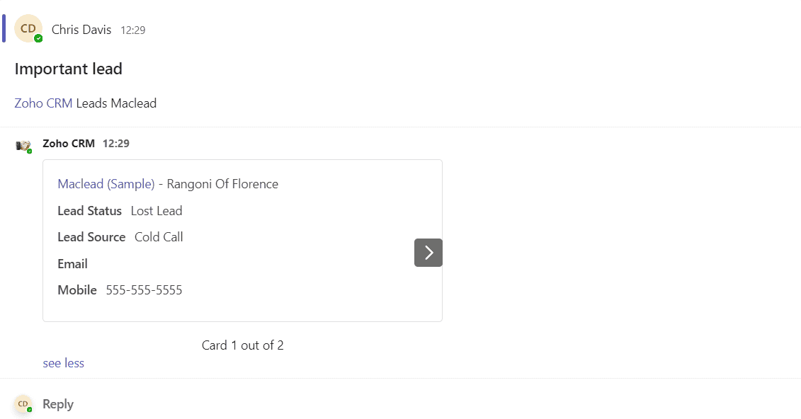 Zoho CRM Bot 在 Teams 中查询并返回业务记录卡片